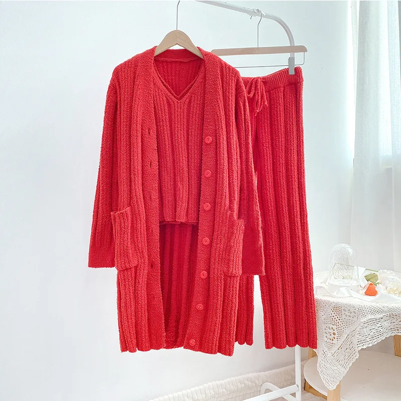 Winter Pajamas Three-piece Set Coat Vest Women Trousers Long Sleeves Warm Thick Cardigan Woolen Knitting Home Clothes Europe Pjs