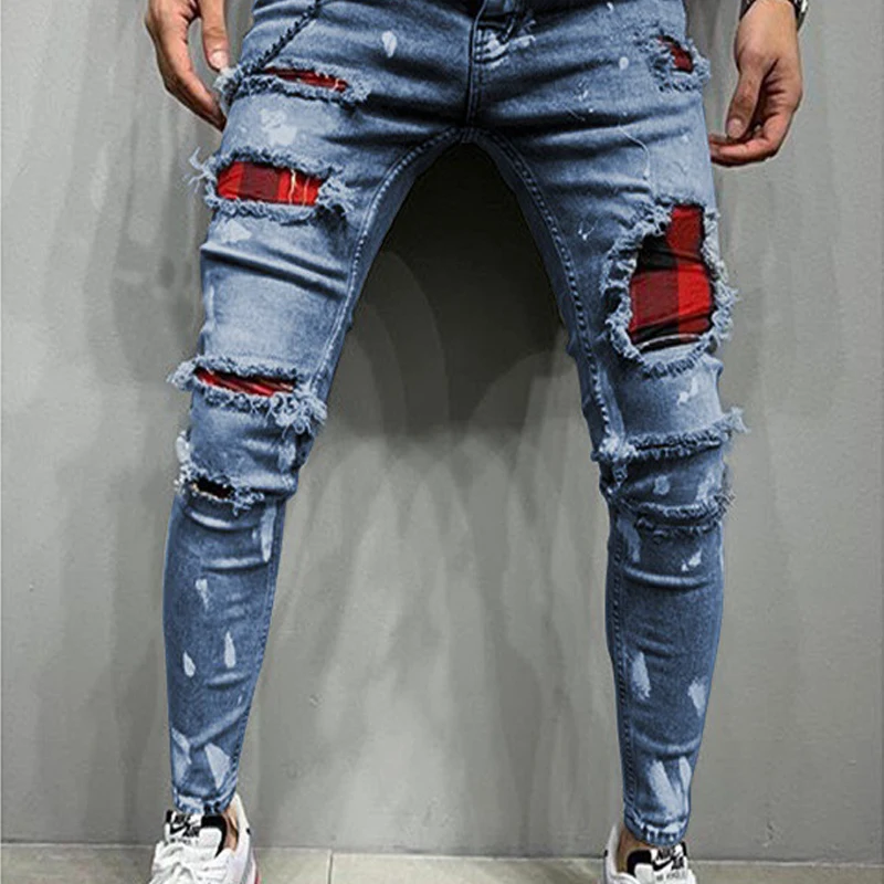 Men Pure Color Grid Jeans Gray Patchwork Grid Jeans Men Designer Hip Hop Pants Slim Fit Elastic Hip-hop Style Pencil Pants