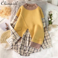 fake two pieces casual sweaters womens fall winter outer wear loose korean jumper female plaid shirt splicing pullover sweater