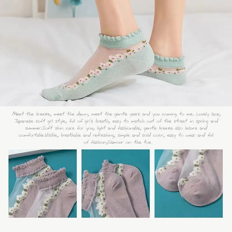5pairs Floral  Floral Lace Socks Women's Summer Thin Spun Glass Crystal Ankle Socks Breathable Sweat Absorbing Socks Wide Mouth