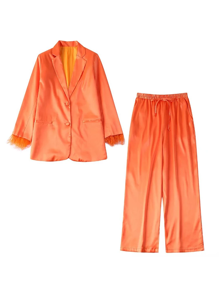 

TFMLN 2Pcs Women Fashion Feather Blazer Suit Sets 2022 Office Outfits Jacket Drawstring Long Pant Basic Long Sleeve Outwear