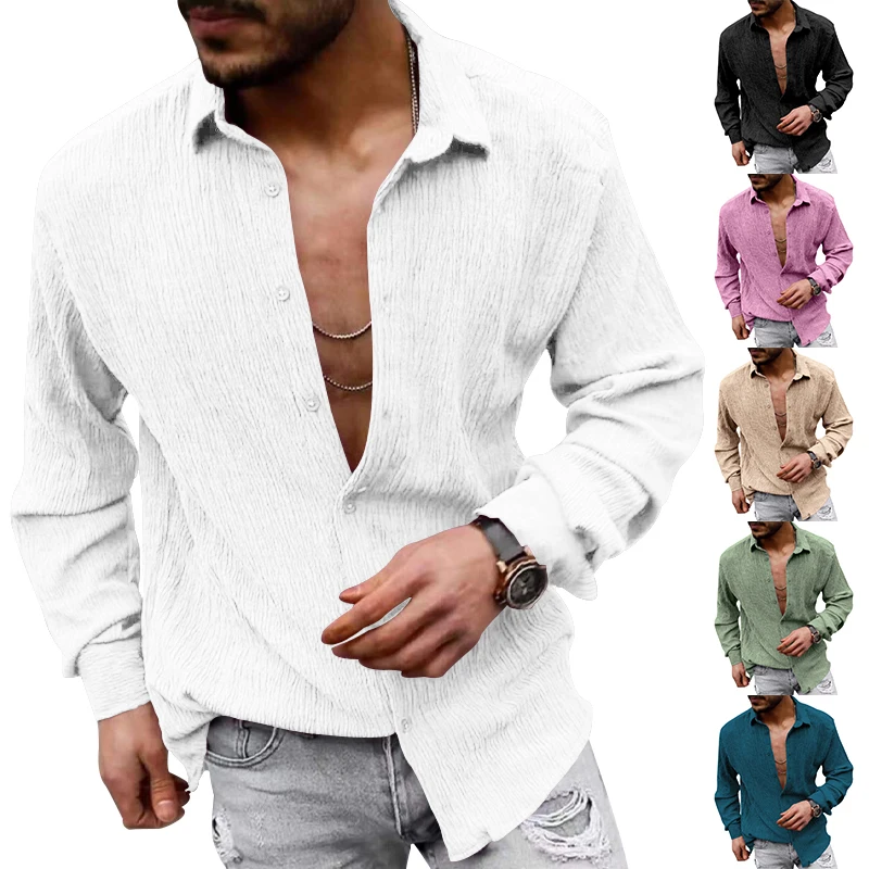 

2023 Men Casual Cotton Linen ShirtsStanding Collar Male Solid Color Long Sleeves Loose Tops Spring Autumn Handsome Men 's Shirt