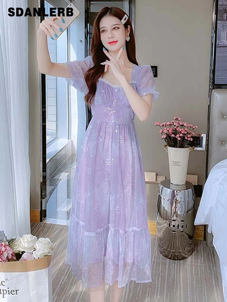 

Retro Gentle 2022 Summer New Women's Clothing Fashion Square Collar Tight Waist Mid-Length Mesh Dress Short Sleeve Dress