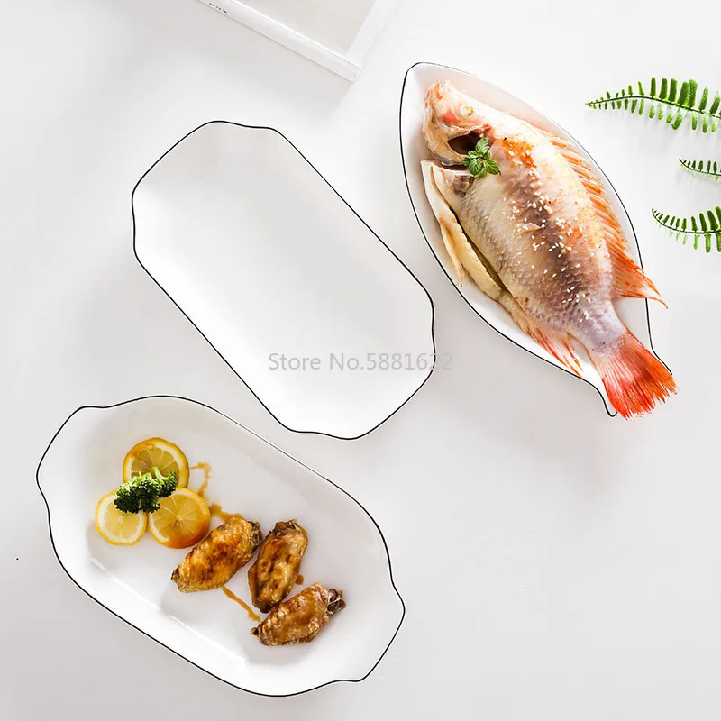 

New simple and creative ceramic steamed fish plate deep plate rectangular plate dish household tableware black line good-looking