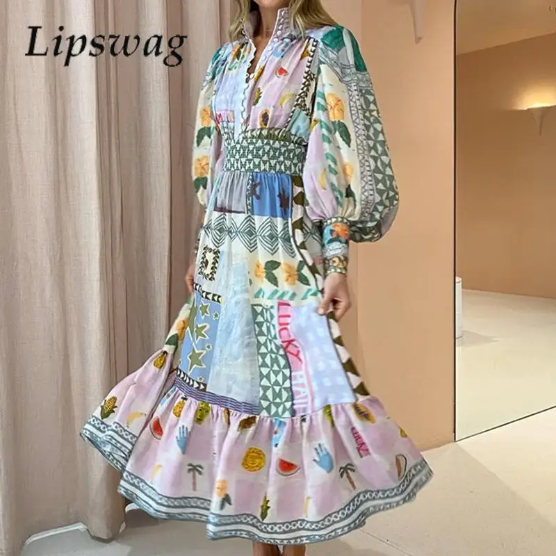 

2023 Elegant Bubble Sleeve Party Dress Women's Printed Splicing Large Bottom Dresses Fashion Button Waist Lotus Trim Long Dress