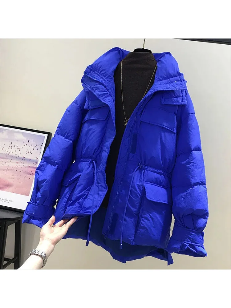 Winter Women Klein Blue 2023 Hooded Coat Lady Soft Loose Oversized Down Jacket Classic Waist Dual Pockets Parkas Outwear