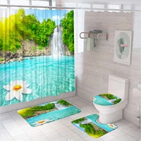 waterfall scenery shower curtain set tropical jungle primeval forest lotus bathtub decor curtains with bath mat rug toilet cover