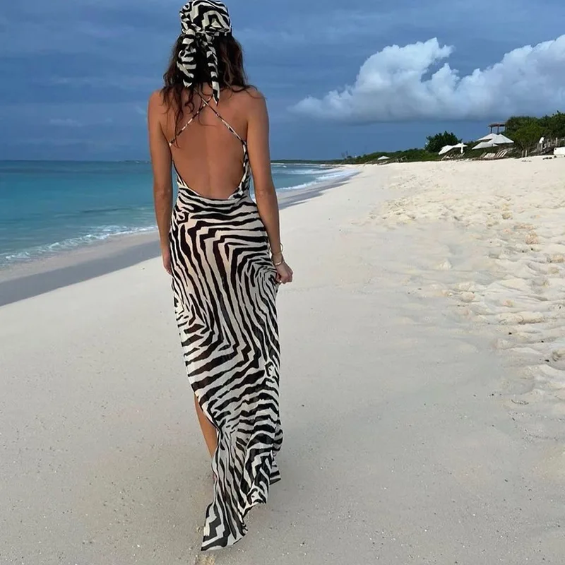 

Zebra Print Straps Sleeveless Backless Slit Maxi Prom Dress Sexy Streetwear Summer Elegant Beach Party Club Robe