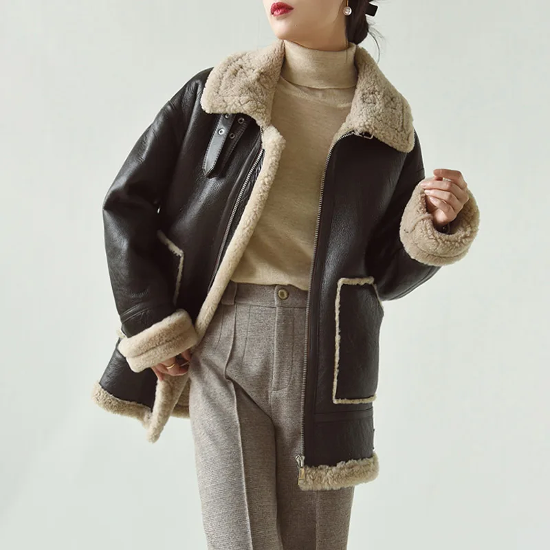 2023 New Spring Women's Leather Jacket Double Face Lamb Fur Lining Thick Coat Sheepskin Leather Long Jackets DJ3905