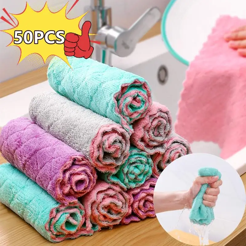 

50/30/10/5pcs Microfiber Towel Absorbent Kitchen Cleaning Cloth Non-stick Oil Dish Towel Rags Napkins Tableware Household Towel