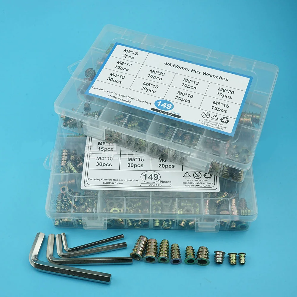 149PCS Flanged Hex Drive Head Furniture Nuts Assortment Kit M4 M5 M6 M8 Zinc Alloy Thread for Wood Insert Nut with 4 Wrenches |