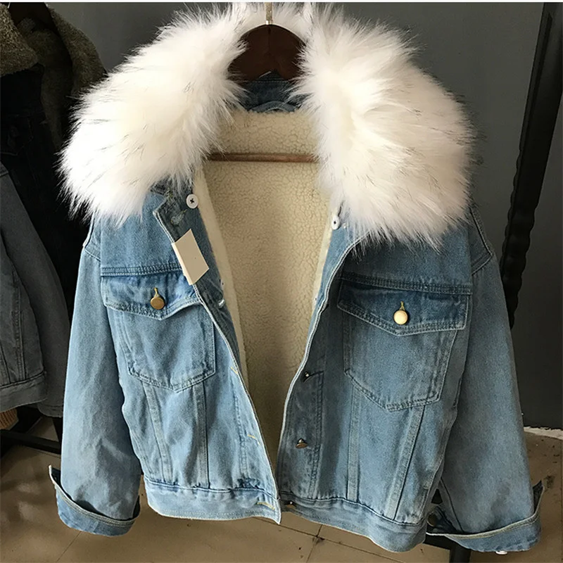 

Winter Korean Removable Big Collar Lamb Fur Lining Denim Women Loose Short Black Jeans Jacket Female Chaqueta Mujer