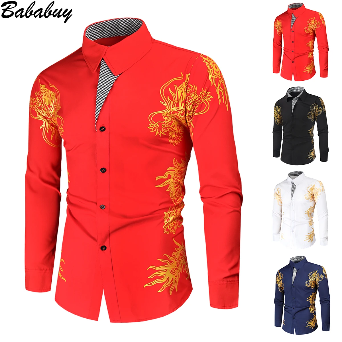 Bababuy Men's Long Sleeve Bronzing Printed Shirts Casual Slim Fit Royal Paisley Shirt Dragon Printed Shirt