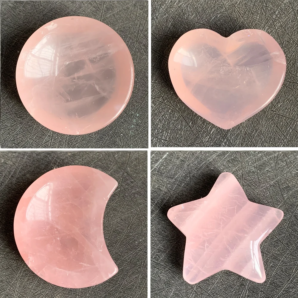 

Natural Rose Quartz Bowl Heart Colorful Decor Polished Moon Pink Crystal Dish W1