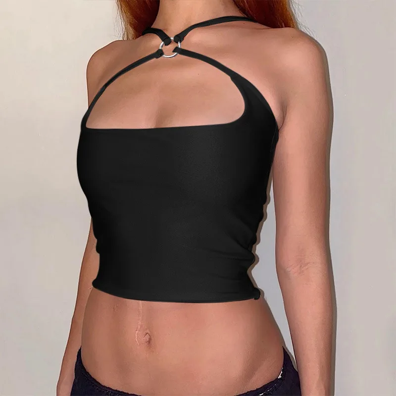 

Black Solid Cut Out Crop Top Slim Sexy Party Clubwear Cross Choker Tops For Women Camisole Punk Tees Streetwear Aesthetics Y2k