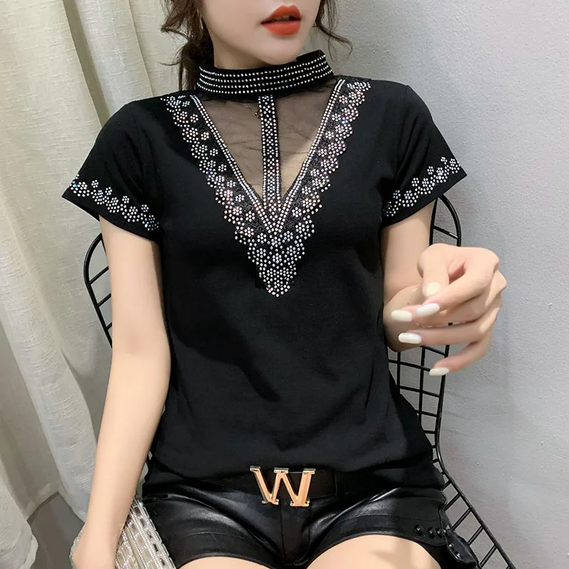 

2023 New Summer Cotton T-Shirt Chic Sexy Stand Collar Patchwork Shiny Diamonds Women's Hand Make Tops Short Sleeve Tees 34202