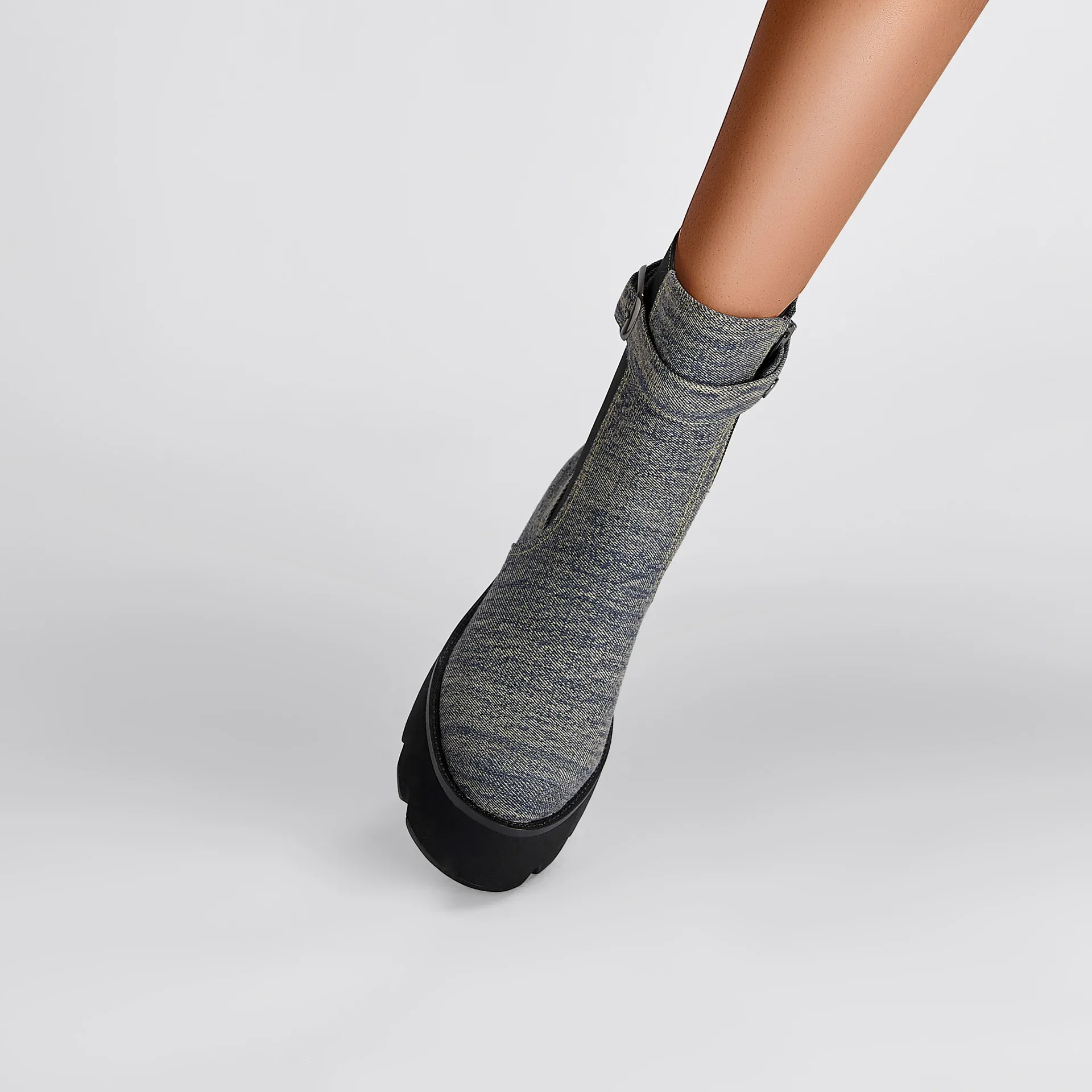 Denim Round Toe Platform Ankle Boots Thick High Heel Color Block Belt Buckle Botines Stitching Material Plus Size Women Boats