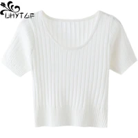 uhytgf 2022 summer top womens short sleeved pullover knitted ice silk short sweater female elastic slim ladies thin clothes 17