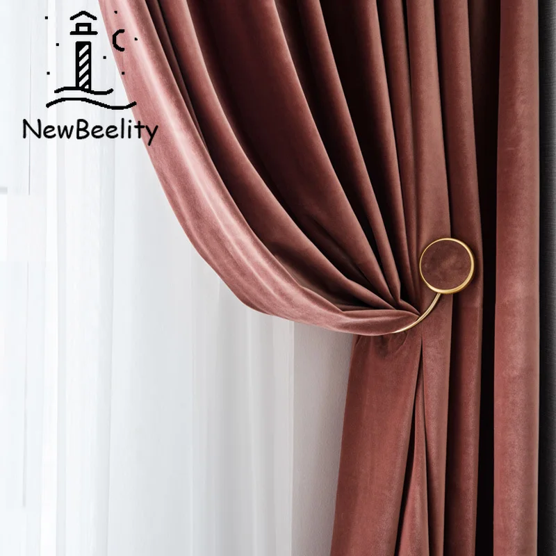 

Light Luxury Curtains for Living Dining Room Bedroom Nordic Solid Color Velvet Curtain Pink Thickening French Window Custom