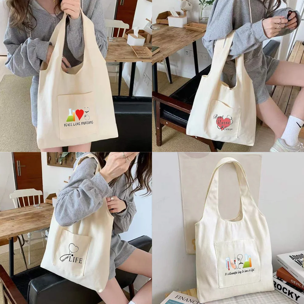 

Nurse Series Print Vest Bag Canvas Shopping Bag Harajuku Fashion Handbags Casual All-match Shoulder Bags Women Portable Tote Bag