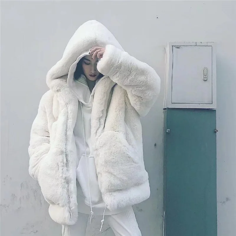 Loose Lamb Fur  Coat Women's Jacket  Autumn/winter Retro White Hooded Plush Furry Velvet Padded Lamb Fleece  Rabbit Fur