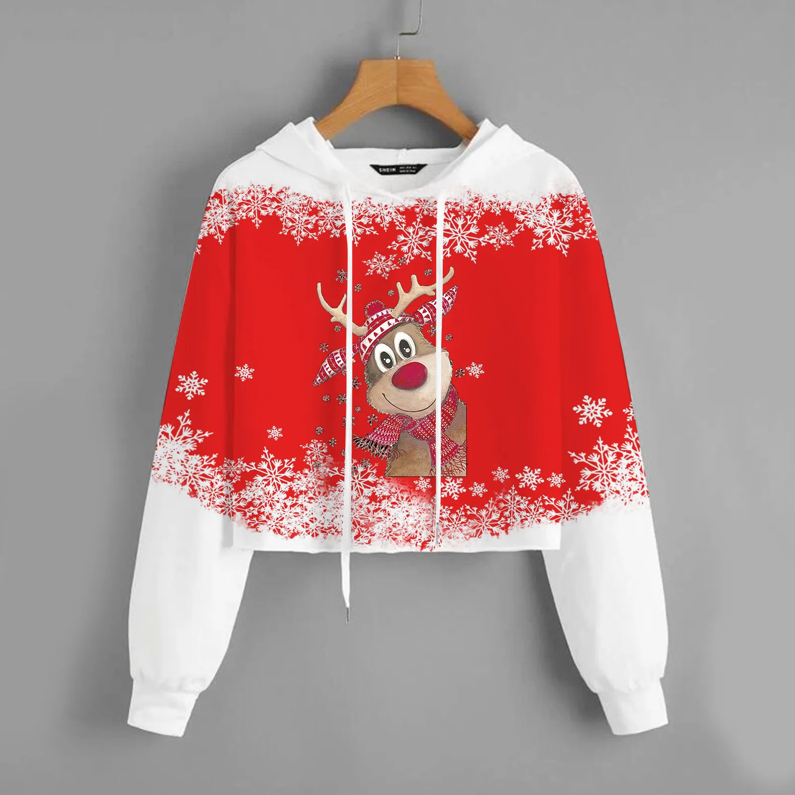 

Women Christmas Stitching Print Drop Shoulder Drawstring Hoodie Long Sleeve Hoodlies Pullover Sweatshirts Long Sleeve