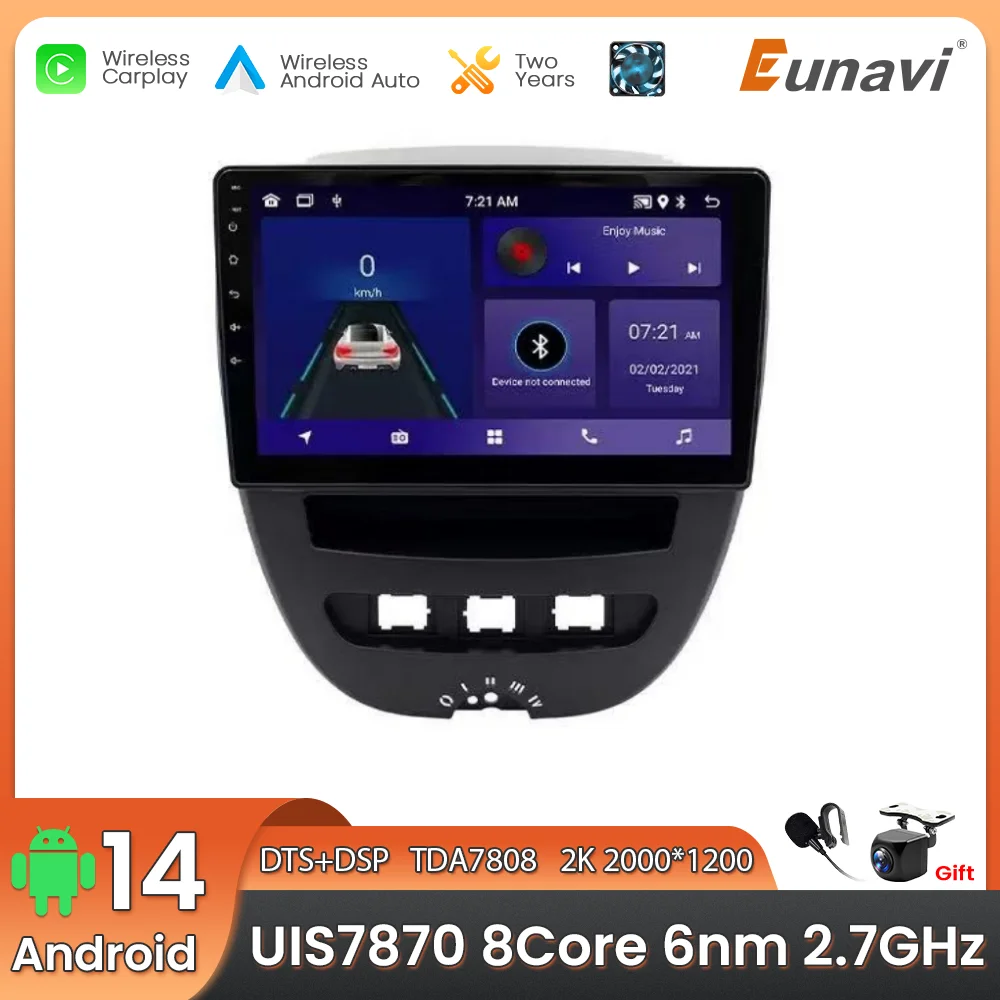 Фото Автомобильный мультимедийный плеер Android 14 2 Din для Peugeot 107 Toyota Aygo Citroen C1 2005-2014, головное устройство, стерео GPS-навигация BT WIFI №1