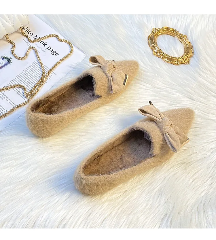 Plus Size 35- 42 43 Women Faux Fur Flats pointed toe Bow Winter Warm Pumps Shoes Plush Lining Lady Loafers Female Shoes A88-21