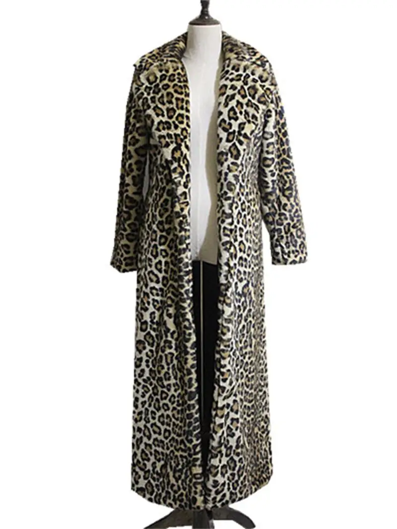Women's fall and winter hot American INS with the same street suit collar vintage leopard print anti fur long trench coat