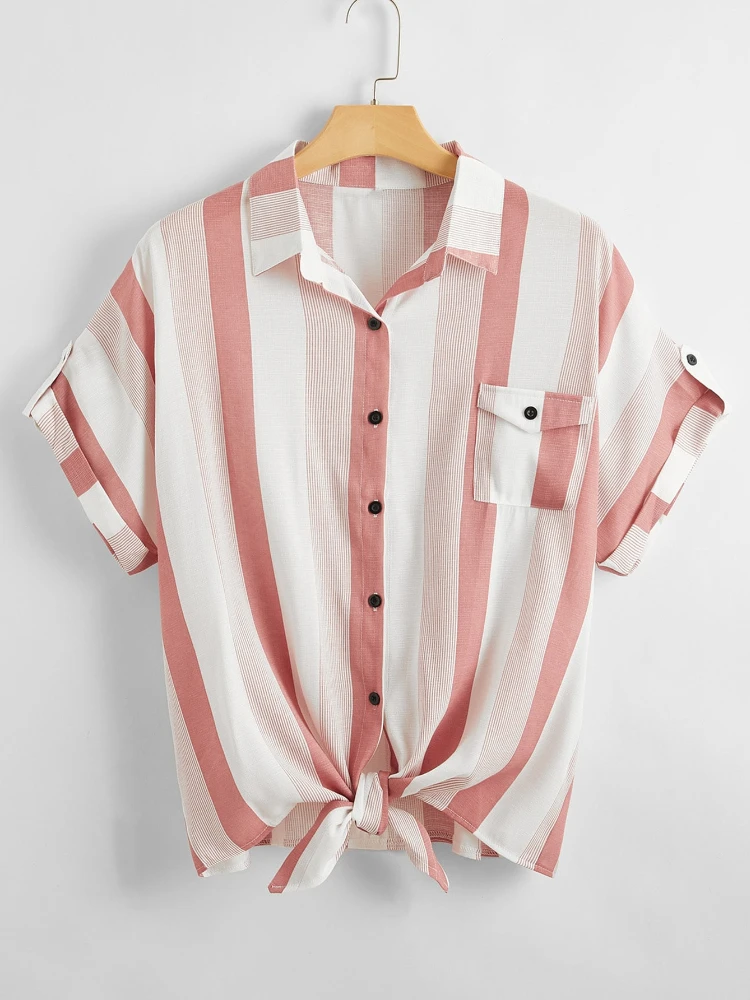 Striped Shirt Summer Korean Fashion Pink Cardigan Women Clothing Tops Single-breasted Tees Oversized T-shirt Blouse Streetwear