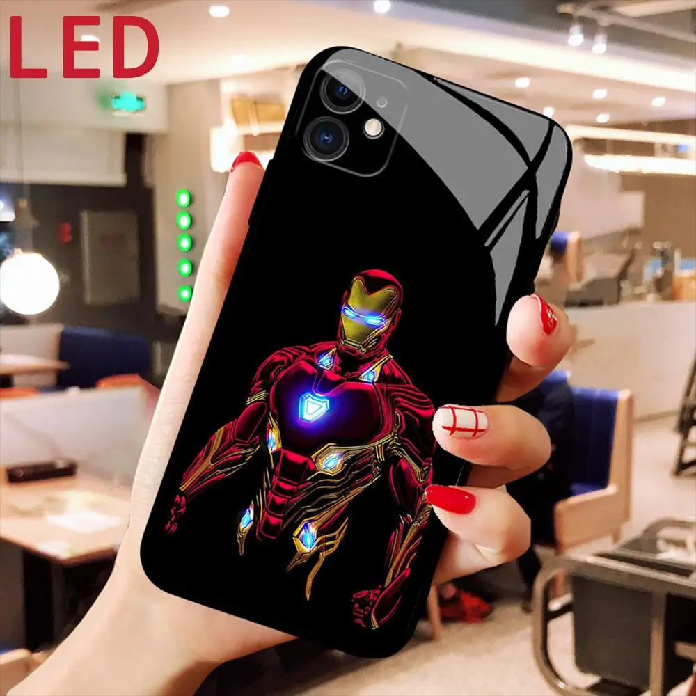 

Роскошный светодиодный стеклянный чехол для телефона Marvel hero для IPhone 13, 12, 11 Pro Max, Mini, SE, XS Max, мигающий чехол с голосовым управлением