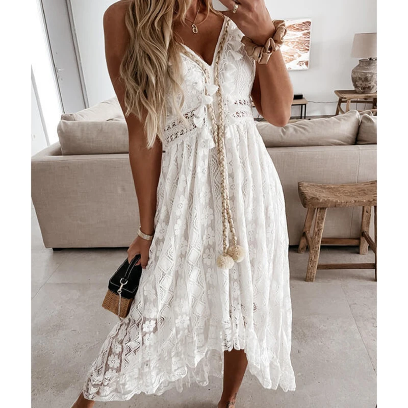 

V-neck Lace Up Cover Up For Woman White Sexy Lace Loose Holiday Beach Slip Dress 2023 Summer Maxi Dress Beachwear