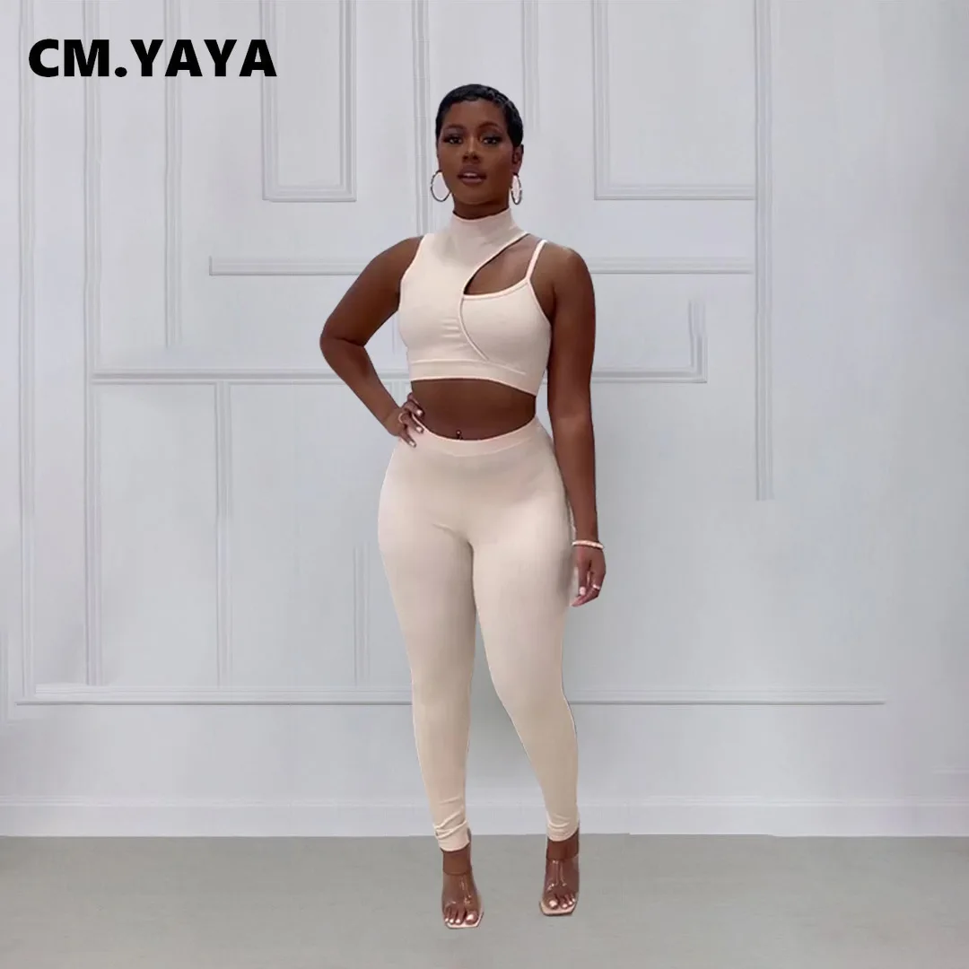 

Женский элегантный костюм для бега CM.YAYA, короткий топ и леггинсы, спортивный костюм из двух предметов, спортивный костюм для фитнеса, 2022, спо...