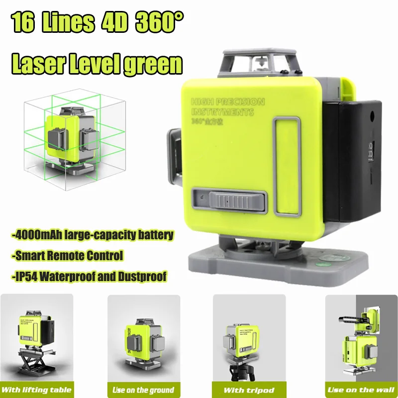 

4D 16 Lines Cross Line Laser Level Green Beam Lines Multi function & Remote Control With Li-ion battery For Tiles Floor