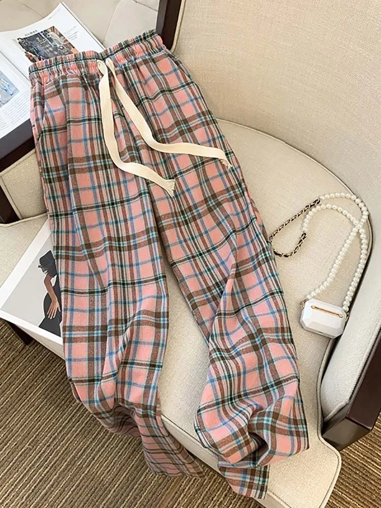 

Wide Leg Pants Drawstring Plaid 2022 Korean Style Women Trousers High Waist Loose Straight Mopping Straigh Long Pants