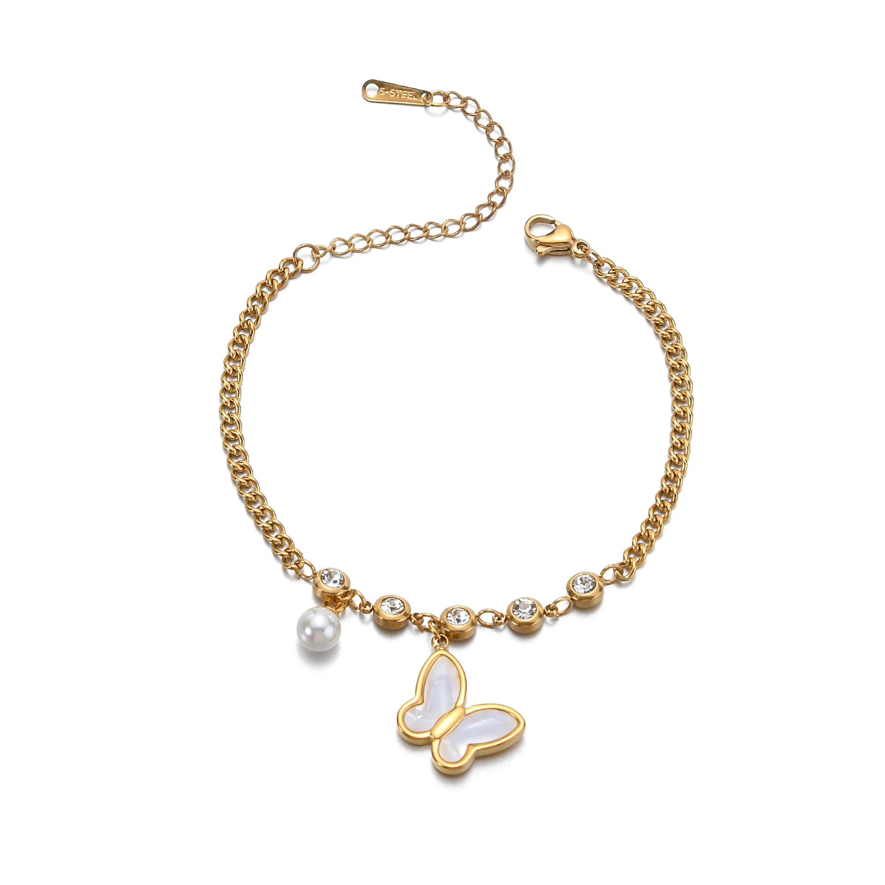 

Браслеты из нержавеющей стали в стиле панк, звеньевые цепи под золото с искусственным жемчугом и фианитом, подарочные украшения