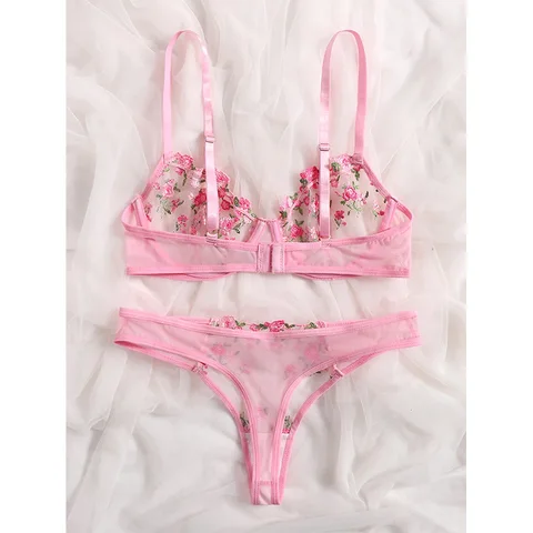 Lingerie Sexy Floral Embroidery Underwear Transparent Lace Short Skin Care Kits Delicate Fairy Set Woman 2 Pieces