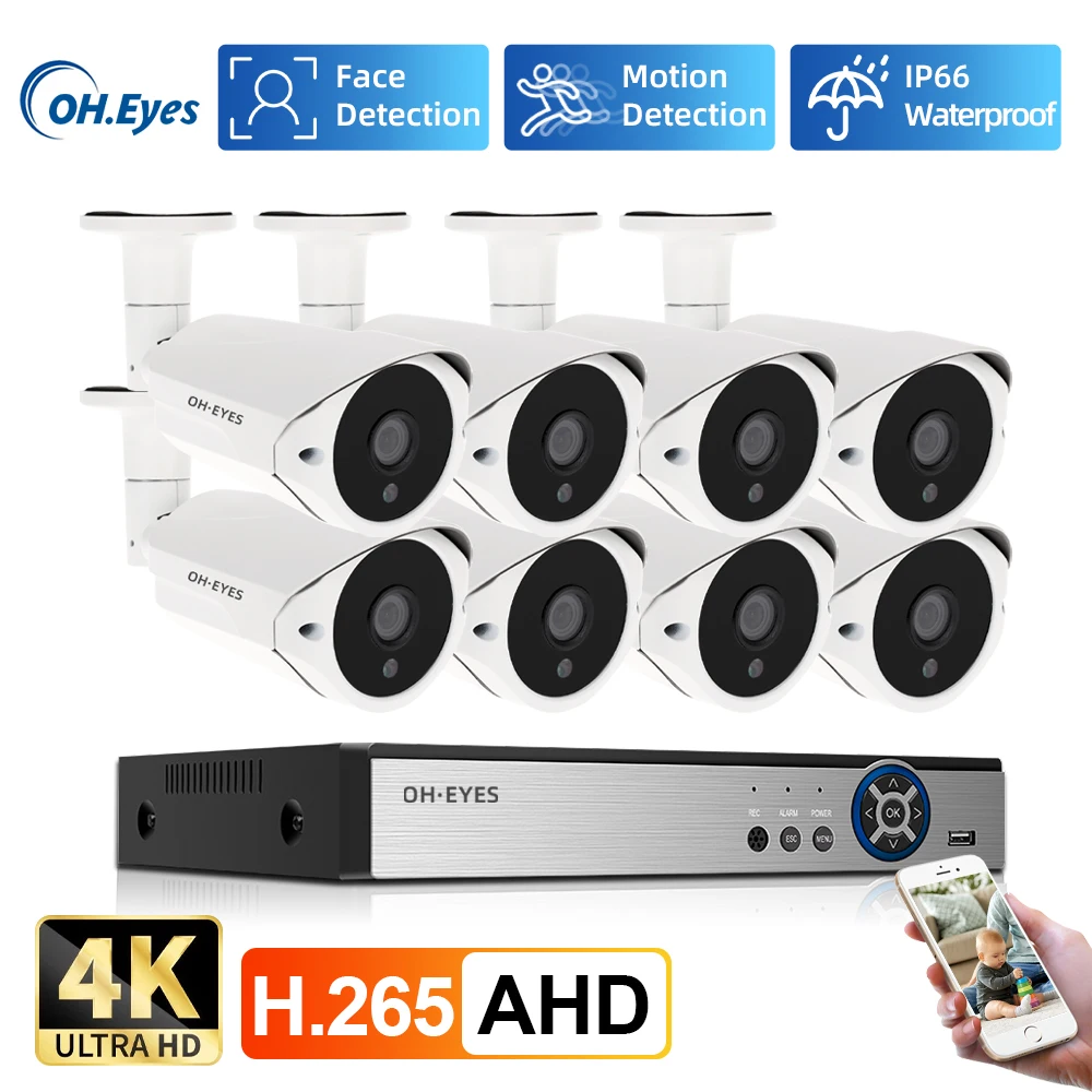 

OH.EYES 8MP Security Camera System With Face Detect Video Surveillance Kit Indoor Outdoor Waterproof CCTV Camera 4K 6 in 1 DVR
