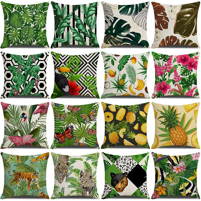 

Green Leaves Printed Pillow Cover Tropical Plant Cushion Cover Monstera Pineapple Pillows Cover Pillowcase for Home Sofa Bedroom