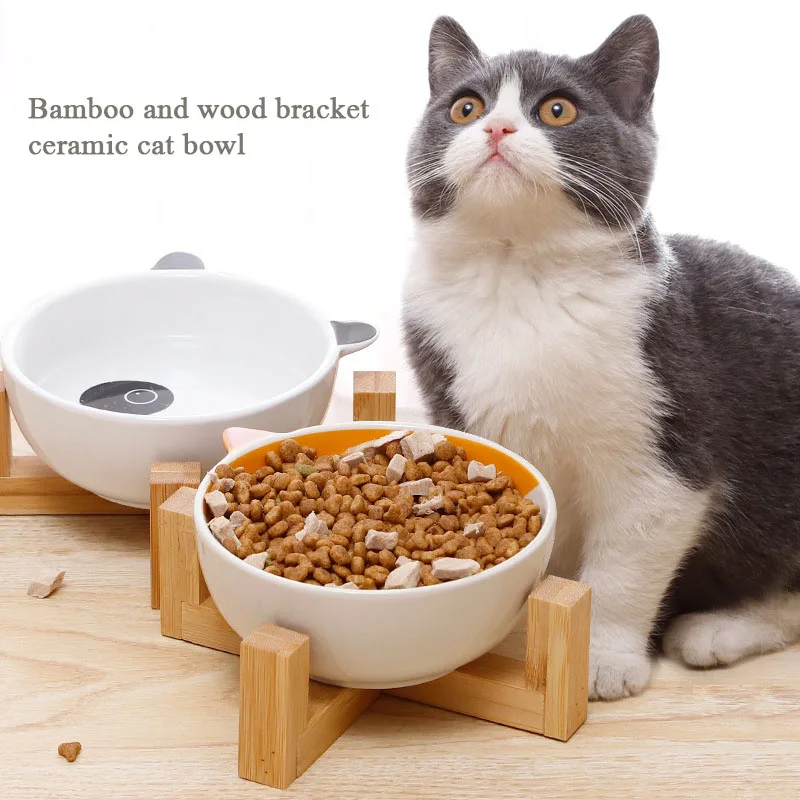 

Новинка, бамбуковый и деревянный кронштейн, мультяшная керамическая плитка, емкость для питья домашних животных, миска для кормления, товар...