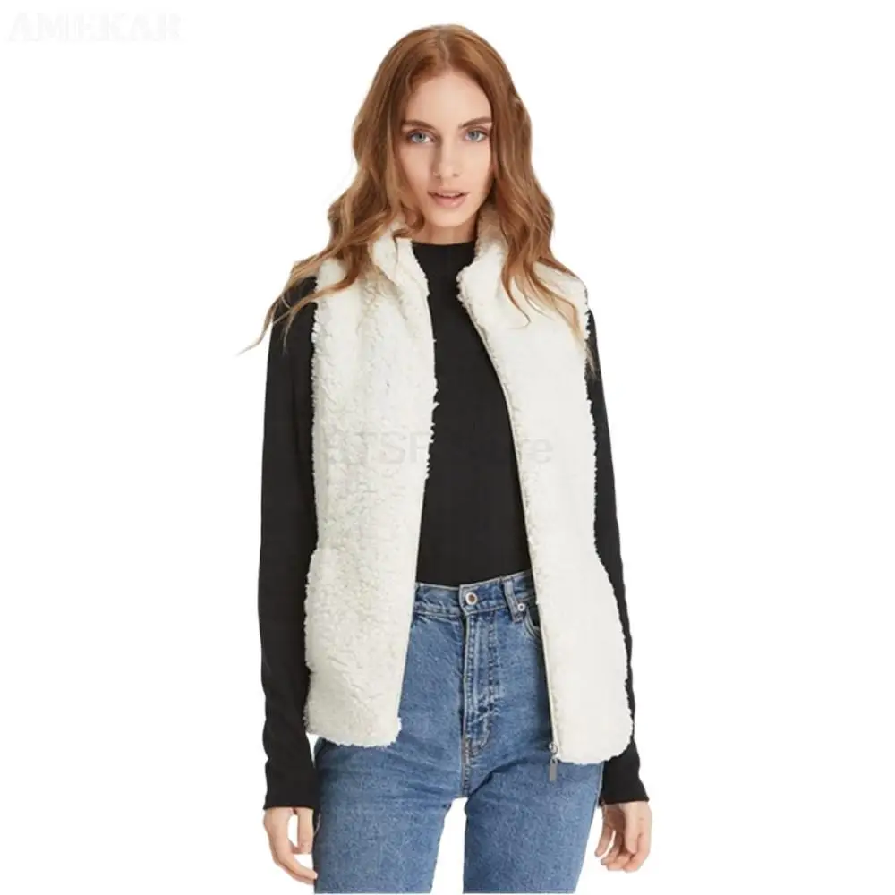 Fleece Fur Sleeveless  Women Jacket  Winter Fur Gilet women's Real Fur Pure Color Vest Zipper Coats Fur For Women Coat