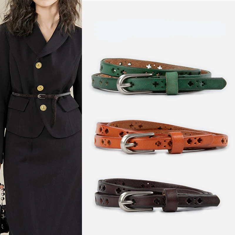 Женский узкий пояс из натуральной воловьей кожи в стиле ретро