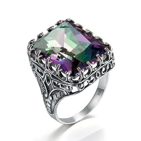 Кольцо Kpop для женщин, реальное искусственное серебро, кольцо в стиле панк, мистик, радуга, топаз, драгоценные камни, широкие большие винтажные Серебряные украшения