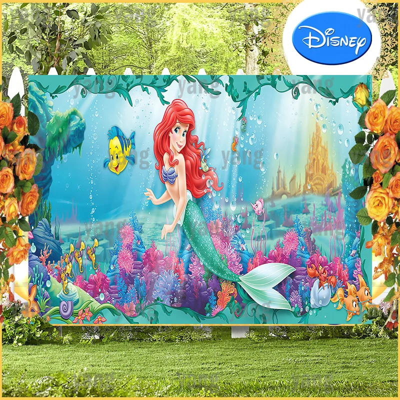 Disney The Little Mermaid Princess Background Undersea Plant Baby Shower Girls Birthday Party Backdrop Wall Banner Customize