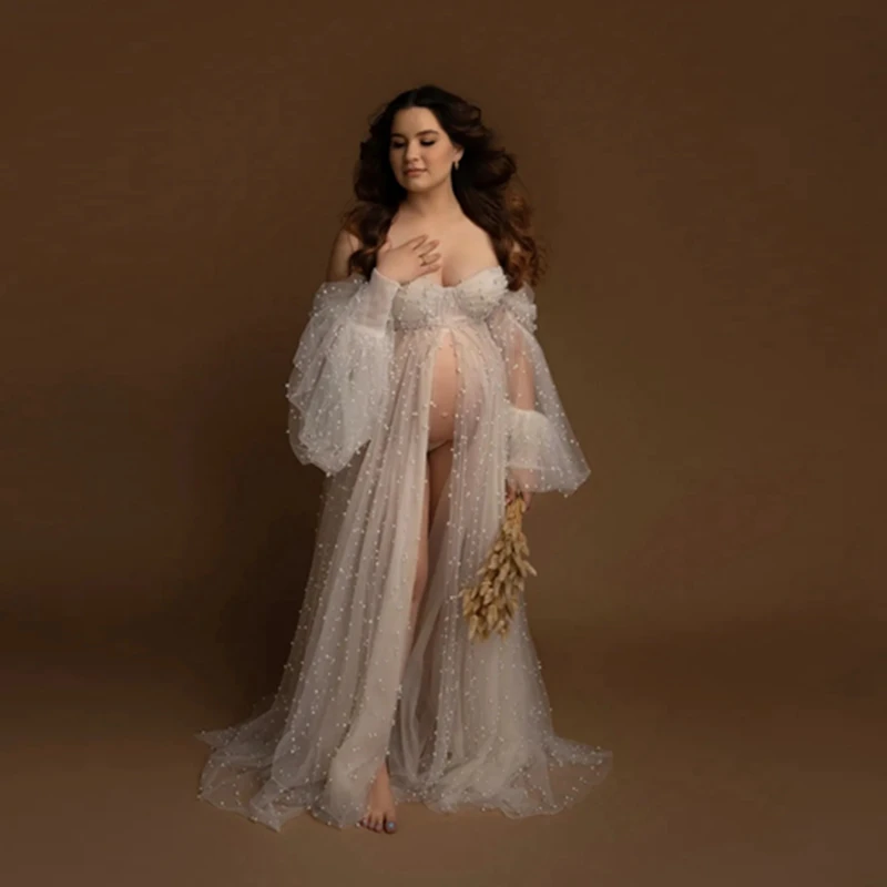 Elegant Beige Tulle Pearls Maternity Dresses Sexy See Thru Split Front Beaded A-line Pregnant Women Gowns To Photography