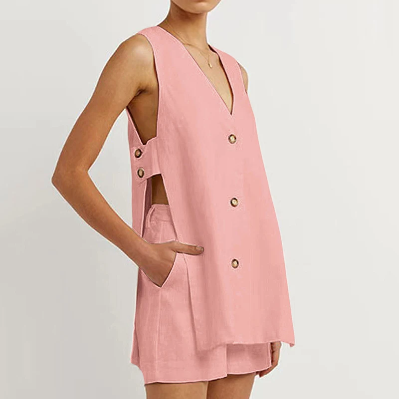 Новые летние женские топы и шорты на пуговицах с v-образным вырезом комплекты из 2