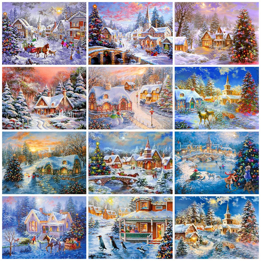 

HUACAN Christmas Diamond Painting Winter 5D DIY Mosaic Diamond Embroidery Landscape House Wall Paintings