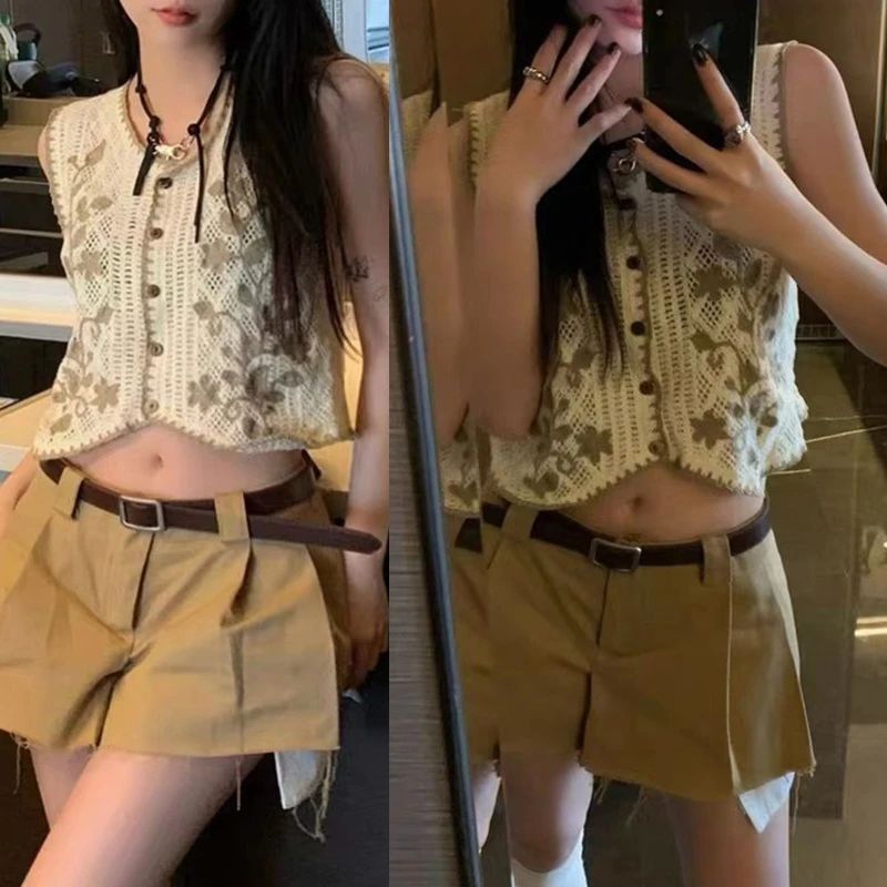 

Women Button Cropped Vest for JACKET Holiday Crochet Embroidery Sleeveless Waist