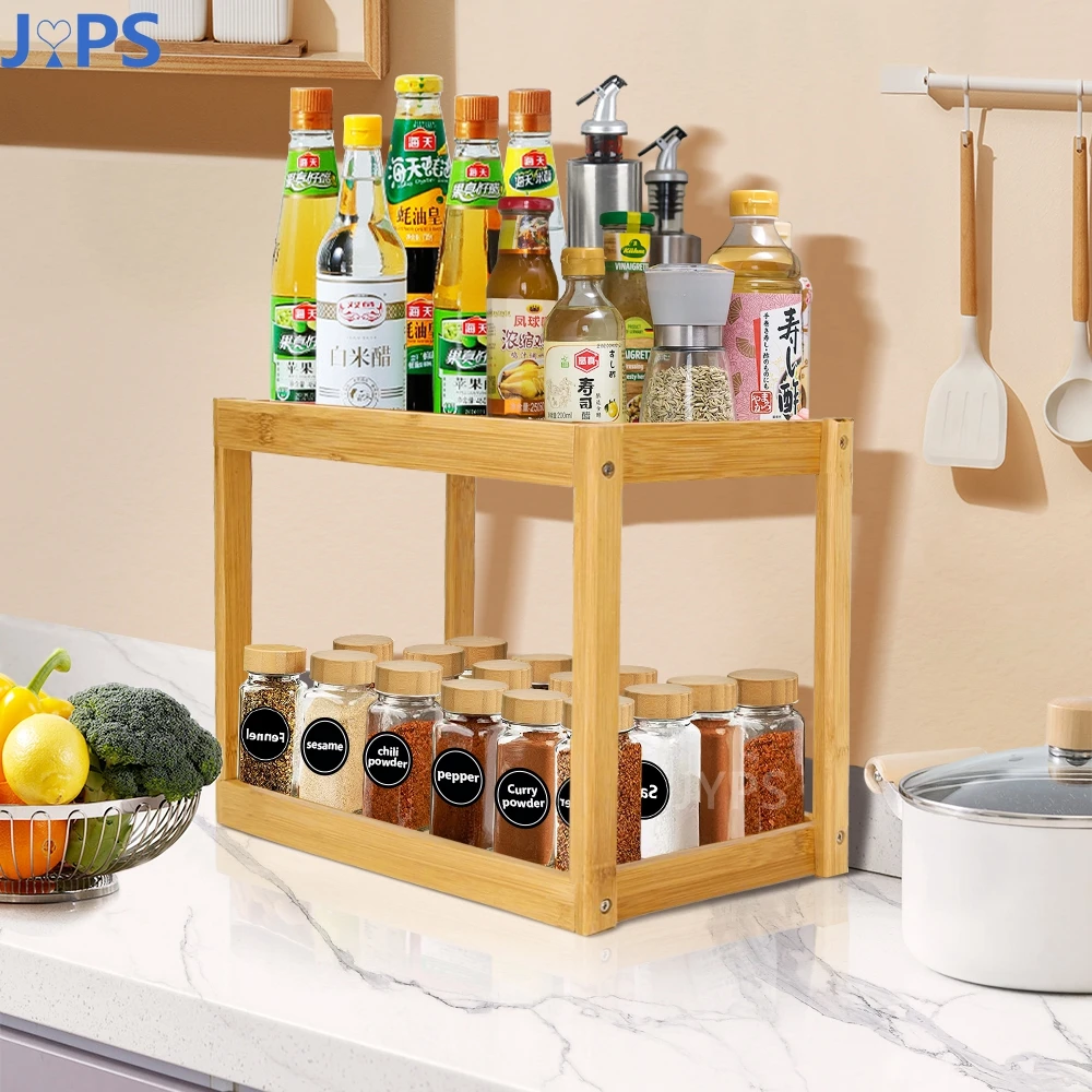 

Double Layer Spice Rack Bamboo Kitchen Storage Rack Multipurpose Oil bottle Seasoning Holder Spice Organizer Kitchen Organizer
