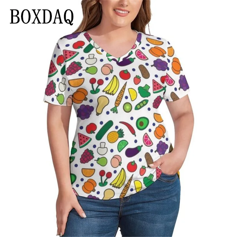 

Fruit And Veggie T Shirt Woman Fashion Kawaii T-Shirts Summer V Neck Short Sleeve Print Tshirt Women Casual Clothing Plus Size